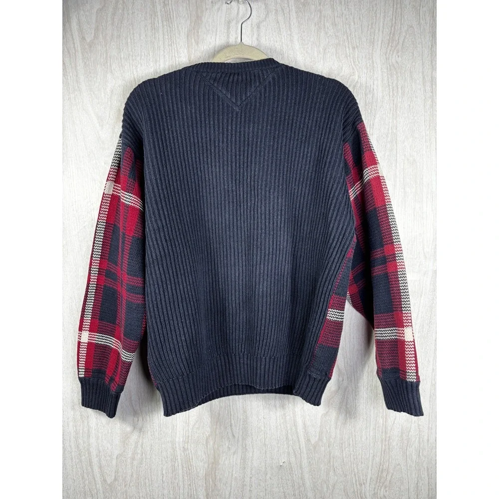 Tommy Hilfiger Plaid Sweater Mens M‎ Red Navy Crest Logo Preppy Classic Knit